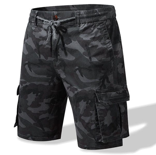 Khaki camo cargo shorts for men, casual outdoor wear with multiple pockets, comfortable fit