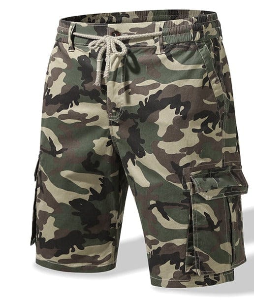 Gray camouflage outdoor shorts for men, sturdy cotton blend, ideal for hiking and casual wear