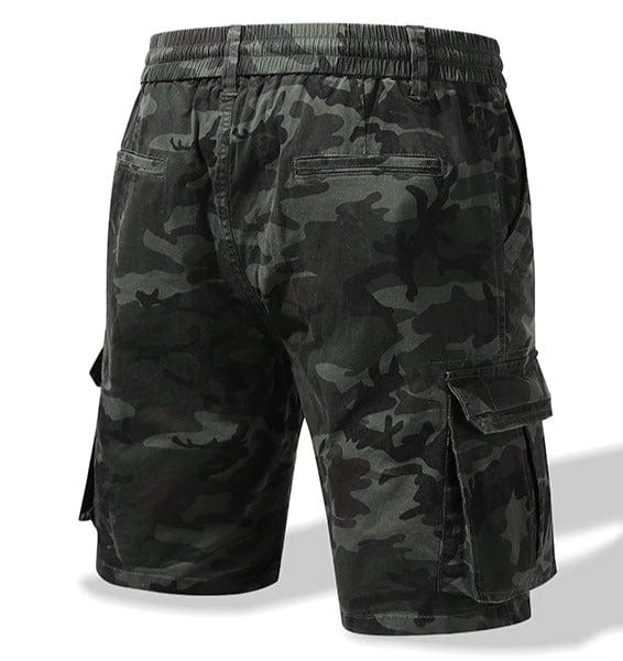 Close-up of men's camo cargo shorts fabric and pocket detail, rugged and practical design