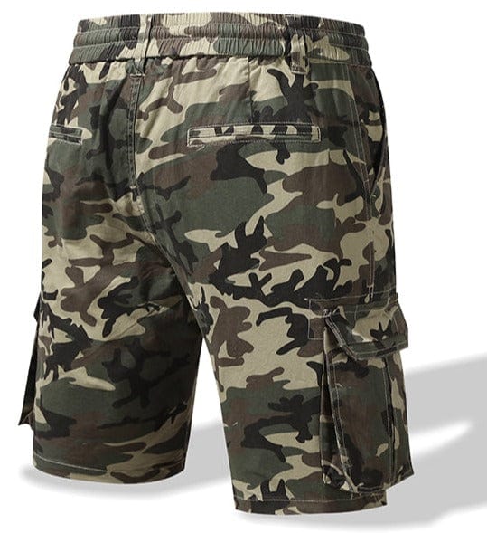 Stylish men's camo shorts, versatile cargo design in army green, khaki, and gray options