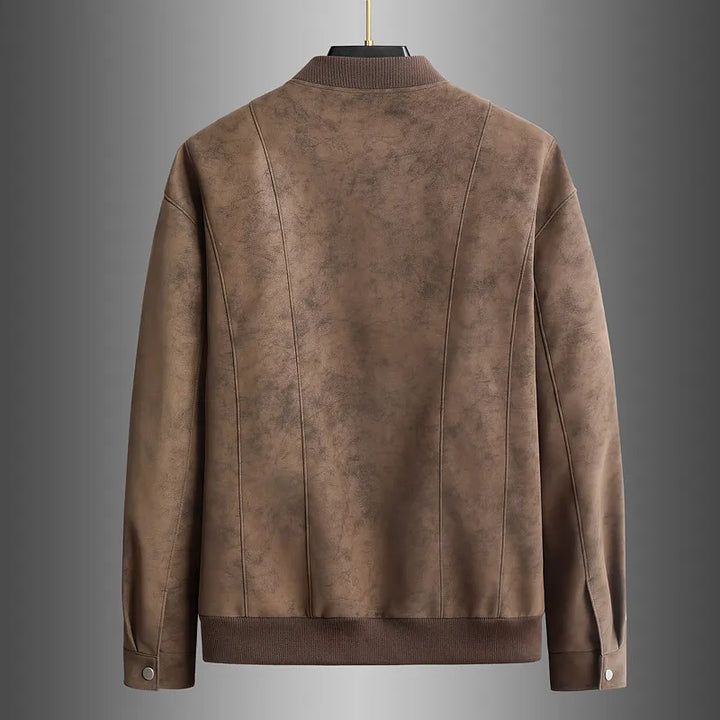 Close-up of the textured fabric on an Aston Vale Men's Bronson jacket, brown color