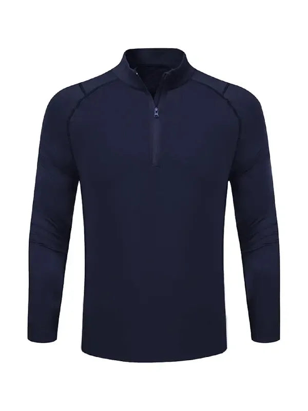 Close-up of a men's gray half-zip training top, showing the stretch fabric and zipper detail