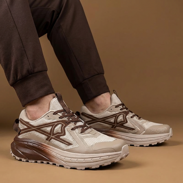 Close-up of men's comfort athletic shoes, highlighting the breathable mesh upper.
