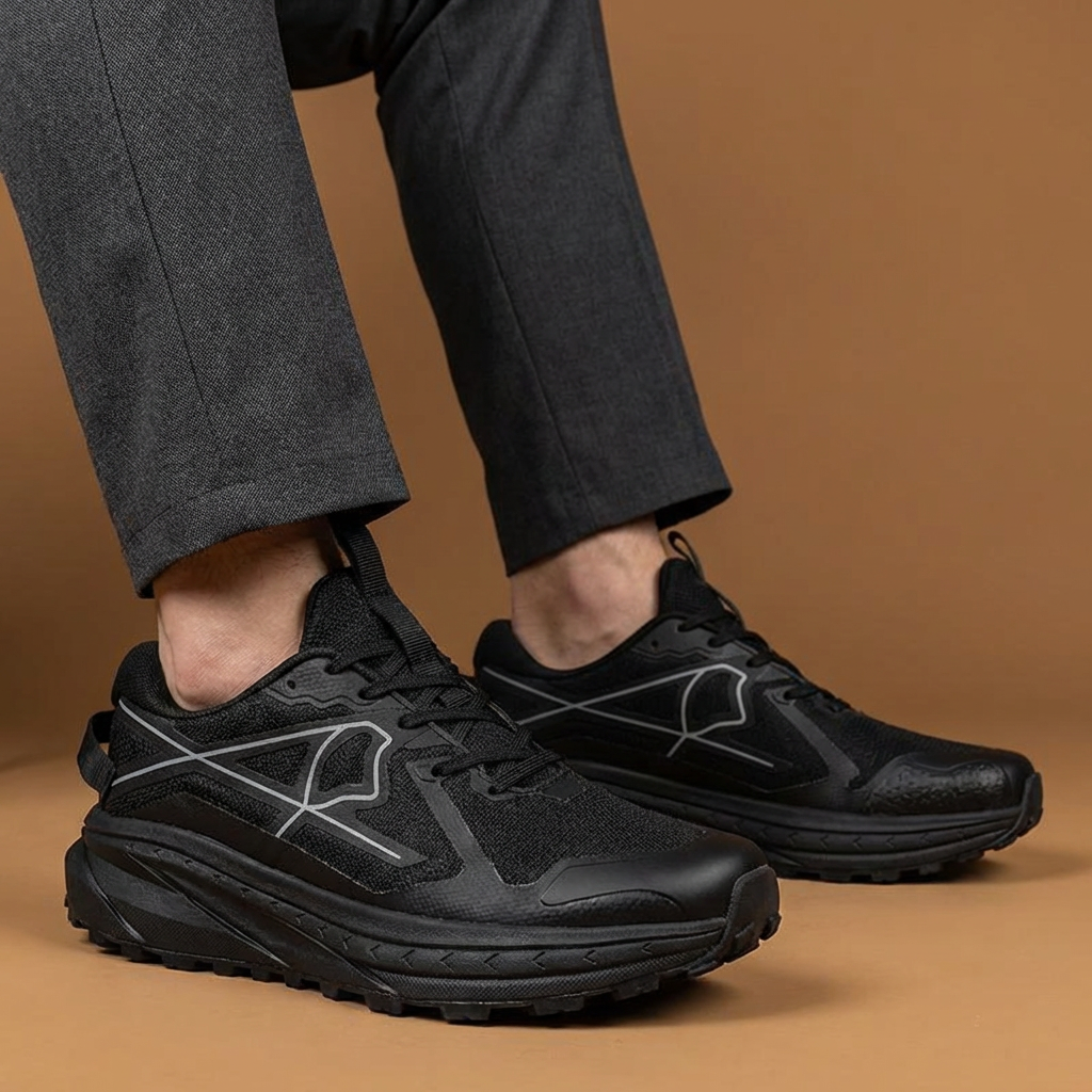 Pair of men's running shoes with a thick EVA sole for superior athletic comfort.