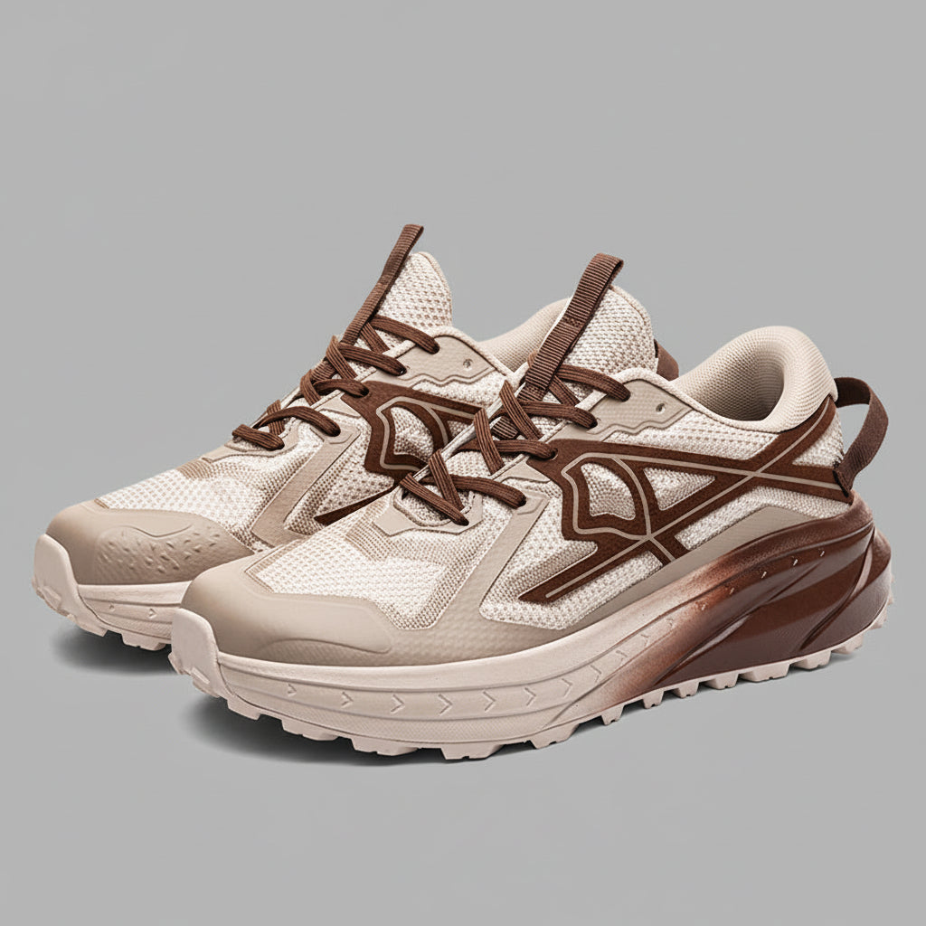 Lifestyle shot of men's athletic shoes on a sidewalk, emphasizing everyday use.