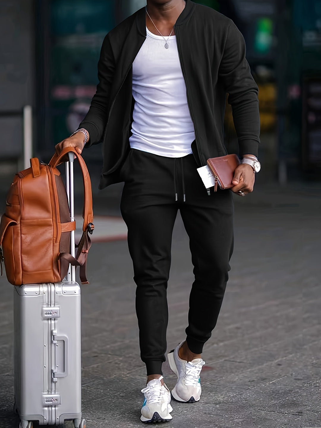 Men's athletic tracksuit, navy blue zipper jacket and joggers, ideal for casual wear or travel