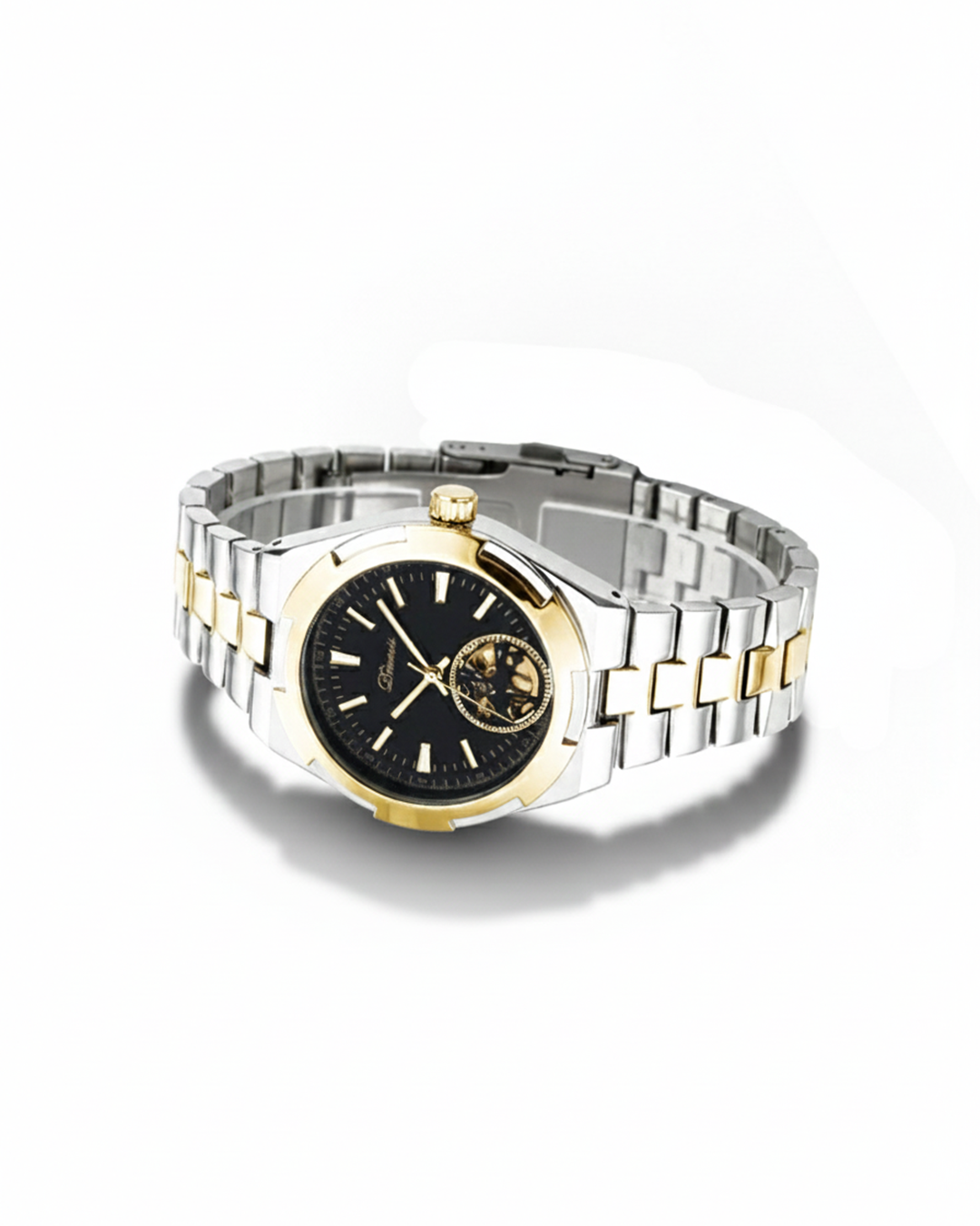 Men's automatic skeleton dial watch, stainless steel case, classic and luxurious design.