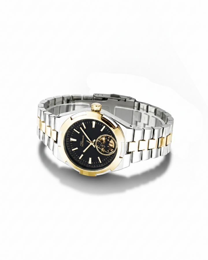 Men's automatic skeleton dial watch, stainless steel case, classic and luxurious design.