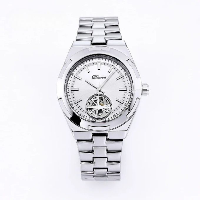 Elegant men's automatic watch featuring a unique skeleton dial and a sleek stainless steel design.