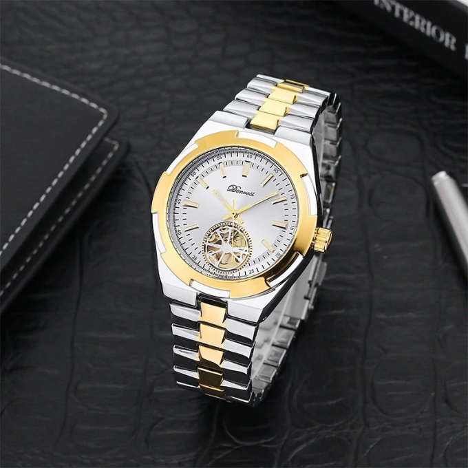 Classic men's dress watch, automatic movement with a captivating skeleton dial, elegant timepiece.