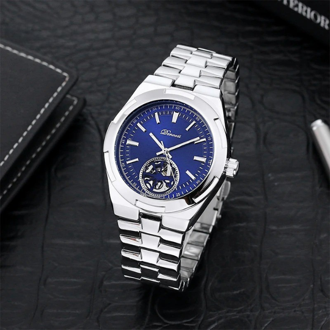 Sophisticated men's luxury watch, automatic skeleton dial with a durable stainless steel bracelet.