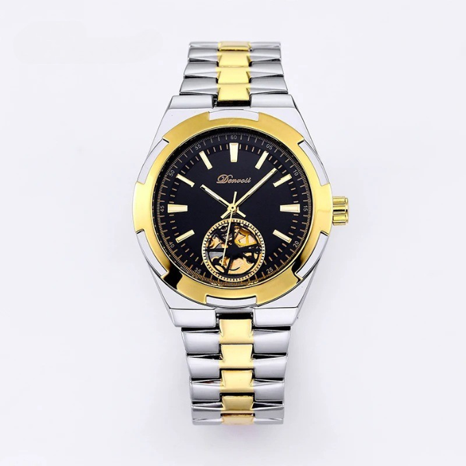 Side profile of a men's mechanical skeleton watch, showcasing its automatic movement.