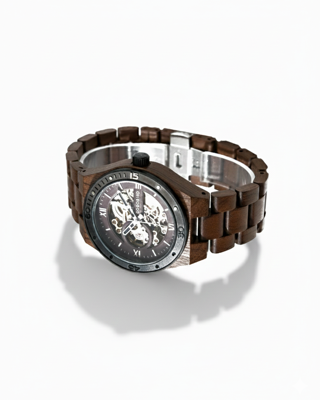 Men's automatic skeleton wood watch, rustic design with visible gears through clear dial.
