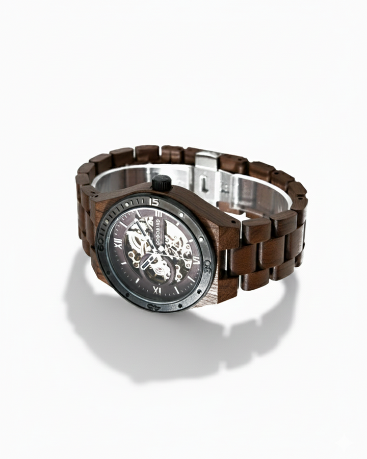 Men's automatic skeleton wood watch, rustic design with visible gears through clear dial.