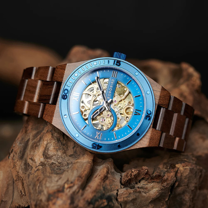 Men's unique automatic skeleton watch, combining modern mechanics with rustic wood aesthetics.