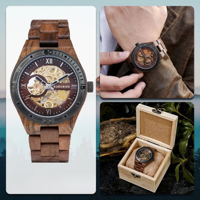 Men's rustic wood watch, automatic and skeleton design, a distinctive and timeless accessory.