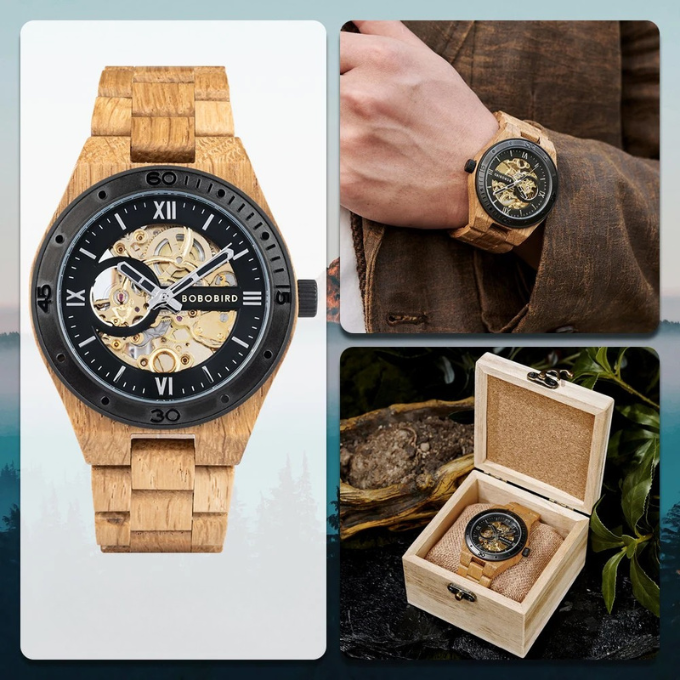 Gift for him: a men's automatic skeleton wood watch with a durable, fashionable leather strap.