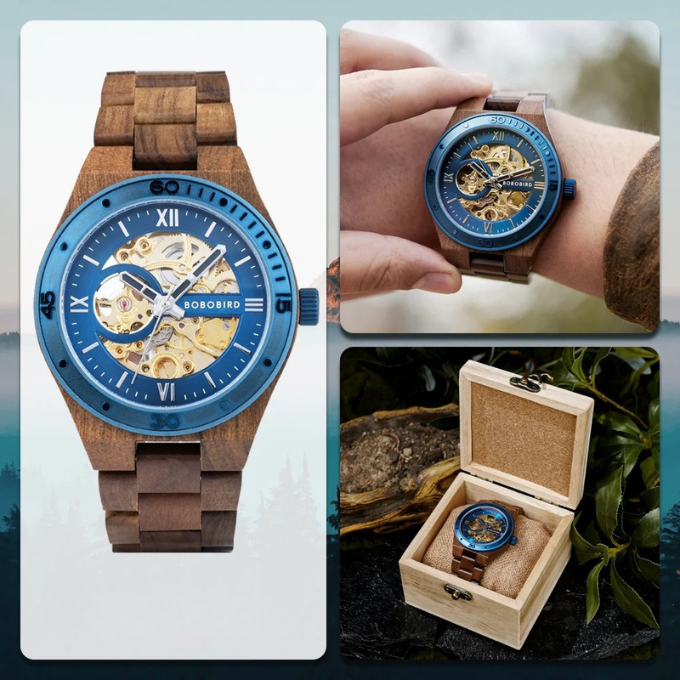Action shot of men's automatic skeleton wood watch on wrist, showcasing its unique appeal.