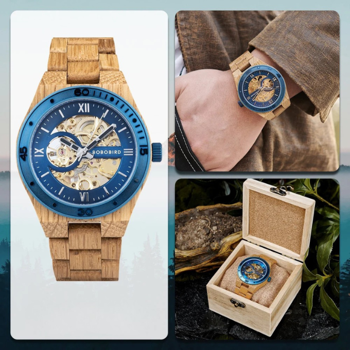 Hand-finished men's wood watch with automatic skeleton movement, a truly unique timepiece.