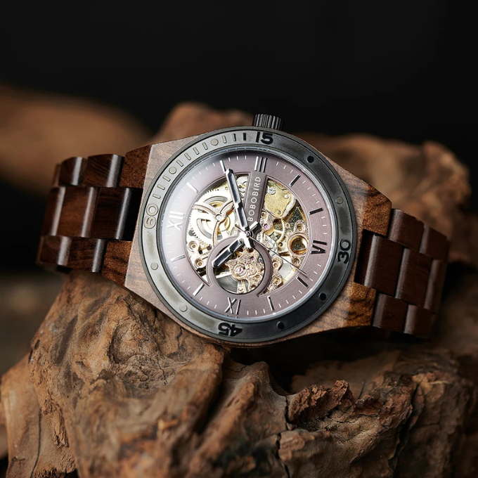 Stylish men's wood watch with automatic movement, skeleton face, and comfortable leather strap.