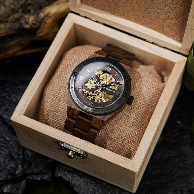 Bohemian men's timepiece: wood watch with automatic skeleton mechanism and genuine leather band.