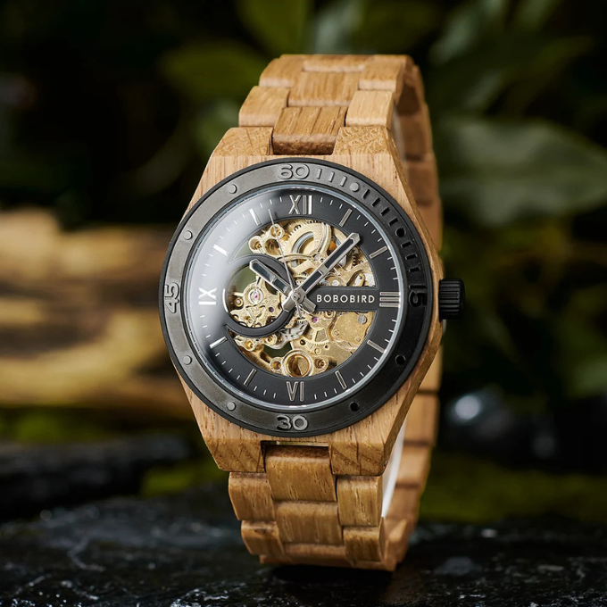 Classic men's wood watch with automatic skeleton movement, elegant and eye-catching design.