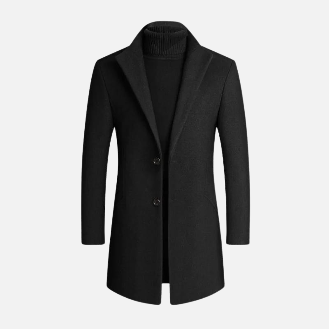 Back view of a men's formal tailored trench coat with a classic notch lapel, designed for a sharp, sophisticated winter look.