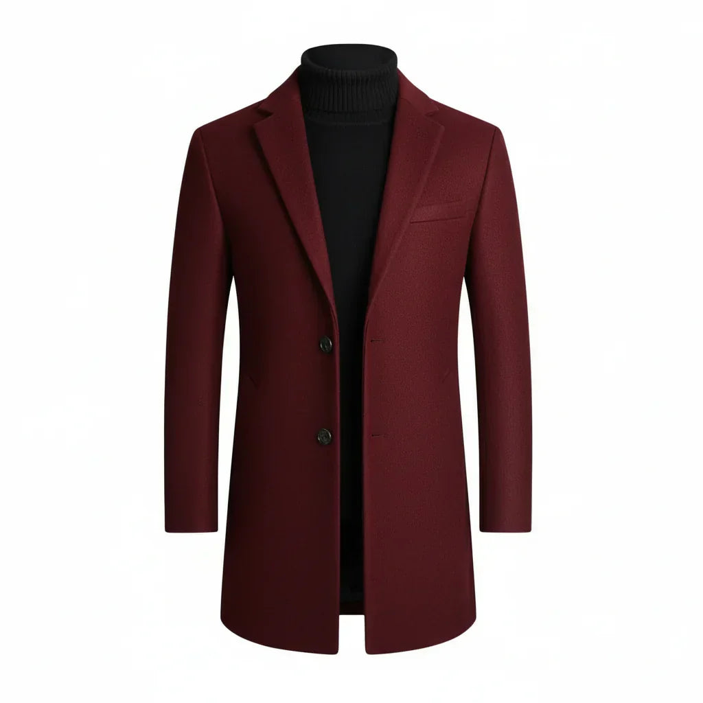 Versatile men's notch lapel tailored trench coat, an essential outerwear piece for formal, business, or smart casual autumn/winter events.