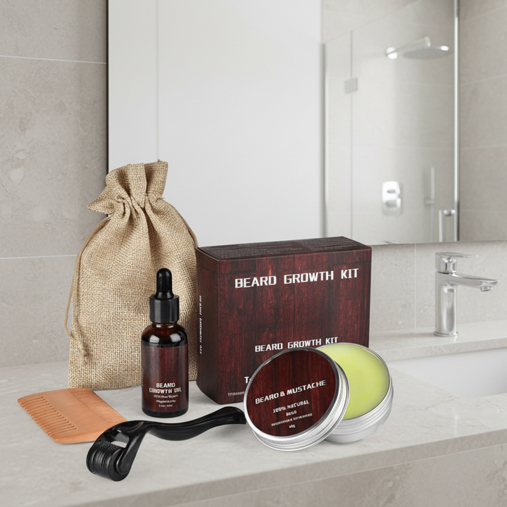 Men's Beard Growth Kit for thicker, healthier beard. Includes dermaroller, oil, balm for full facial hair.