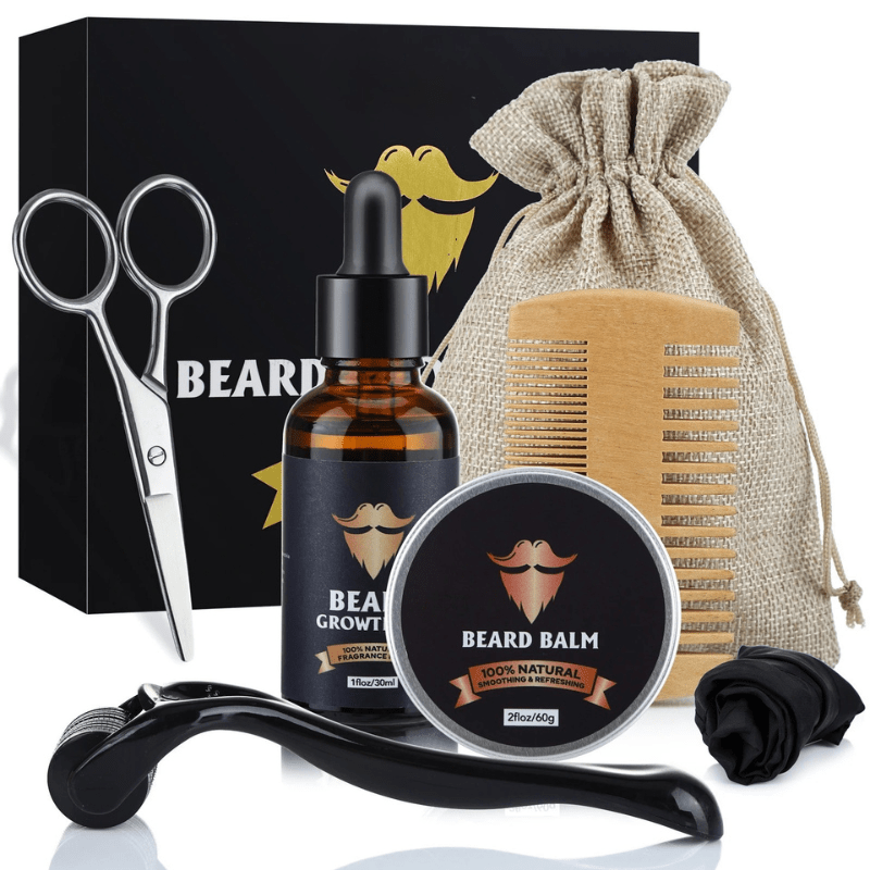 Man applying Beard Growth Oil from kit. Nourishes facial hair for a healthy, soft, and full beard.