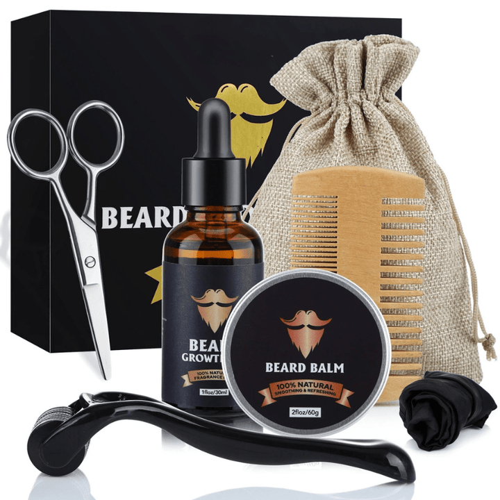 Man applying Beard Growth Oil from kit. Nourishes facial hair for a healthy, soft, and full beard.