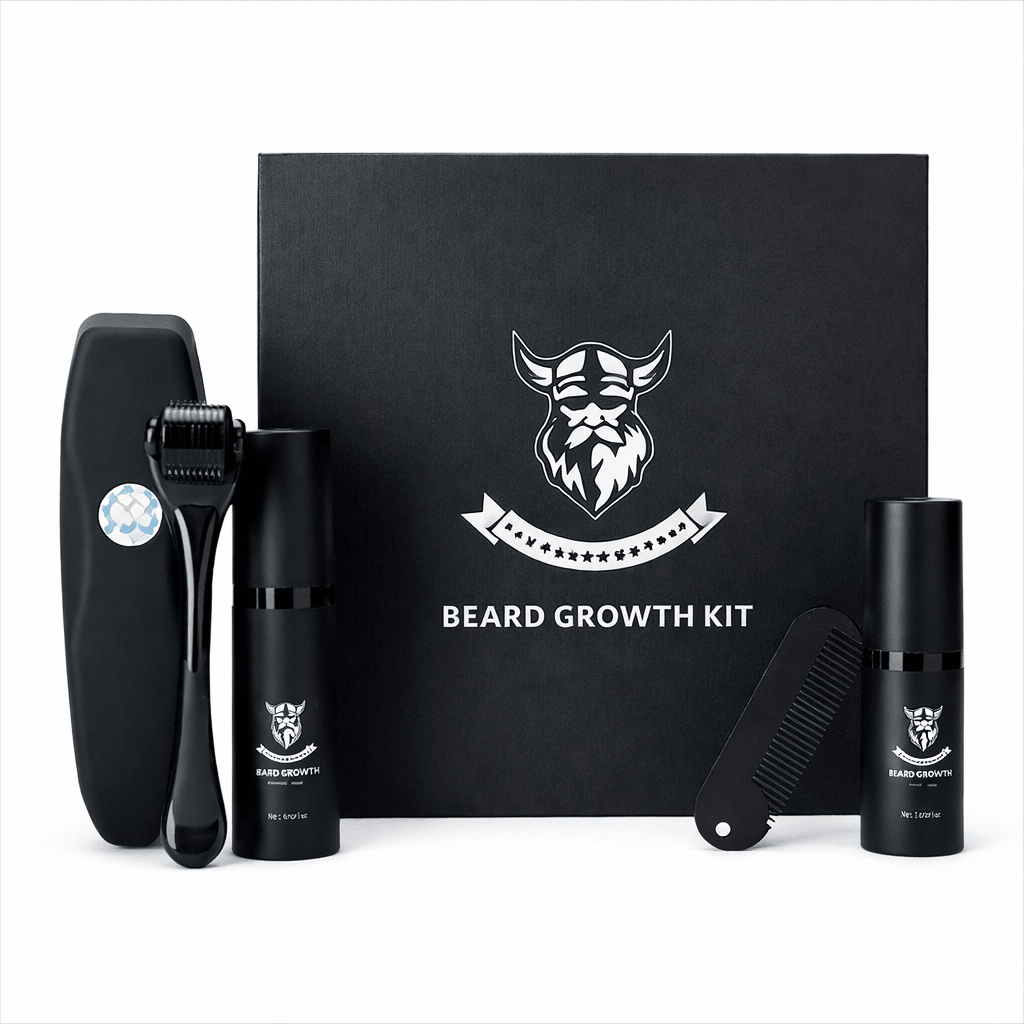 Beard oil and dermaroller from Men's Growth Kit. Stimulates & nourishes for a fuller, healthier, stronger beard.