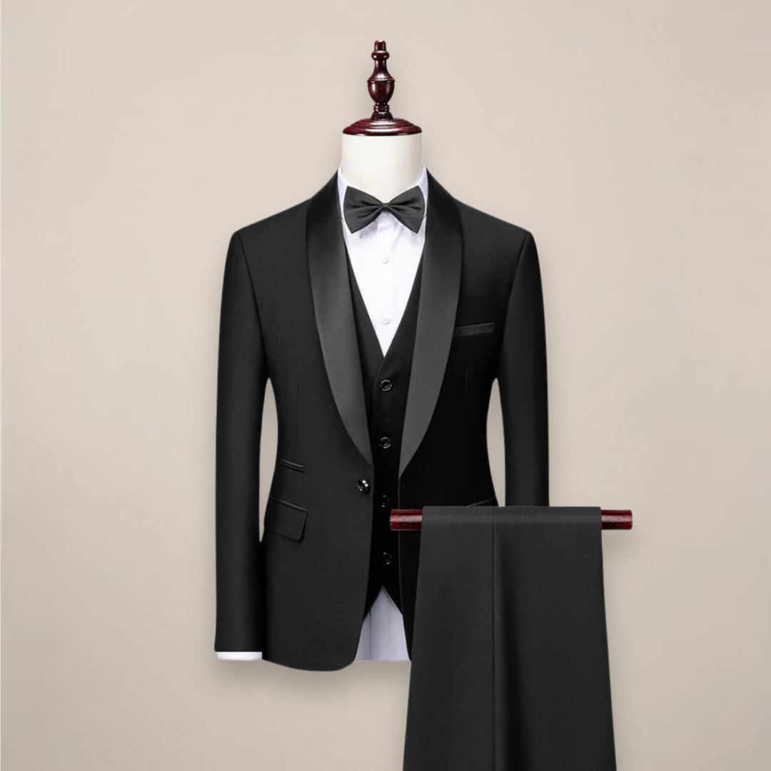 Men's black 3-piece tuxedo suit, ideal for formal events, weddings, or prom, showcasing elegant style.
