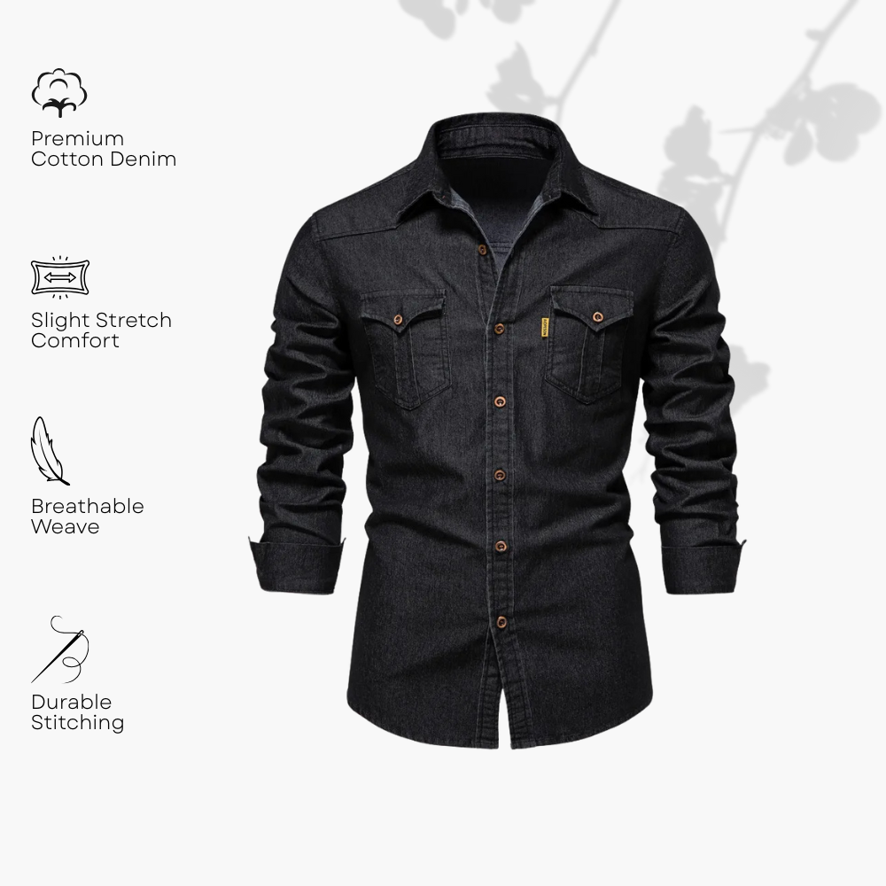 Close-up of AdaptiveFit fabric texture on men's black long sleeve shirt, tailored slim fit.