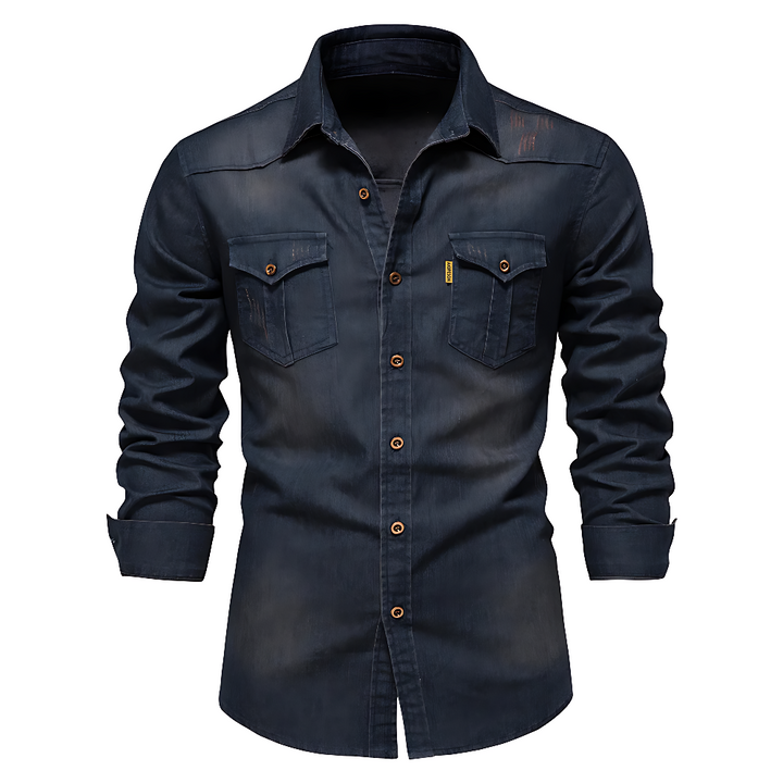 Stylish man in navy AdaptiveFit long sleeve shirt, tailored slim fit, creating a smart casual look.