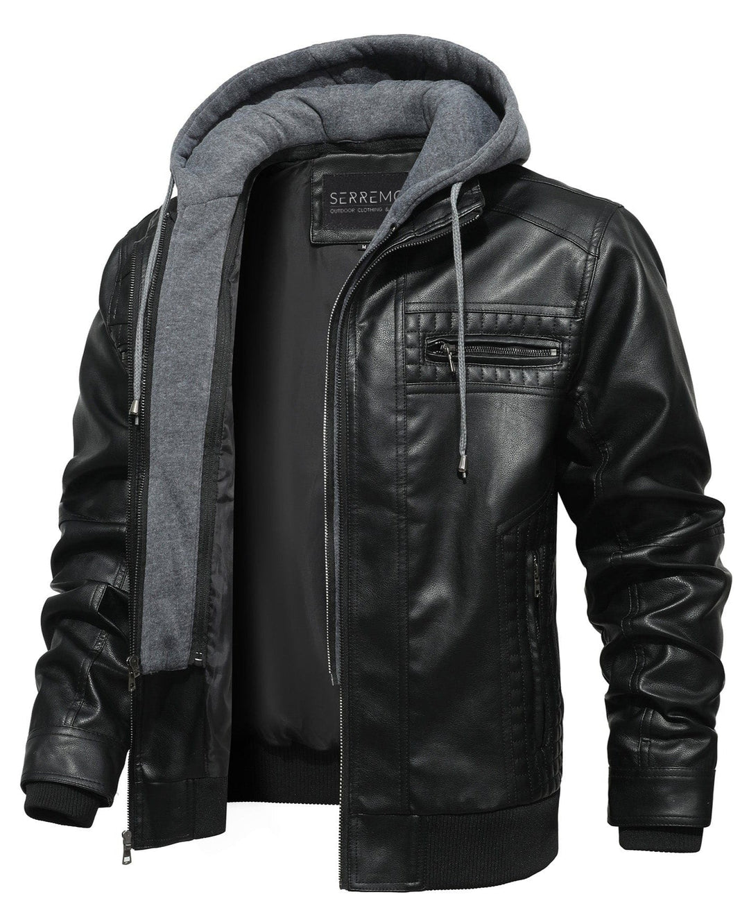 Men's black bomber jacket, PU leather, with detachable hood, front view, casual outerwear fashion.