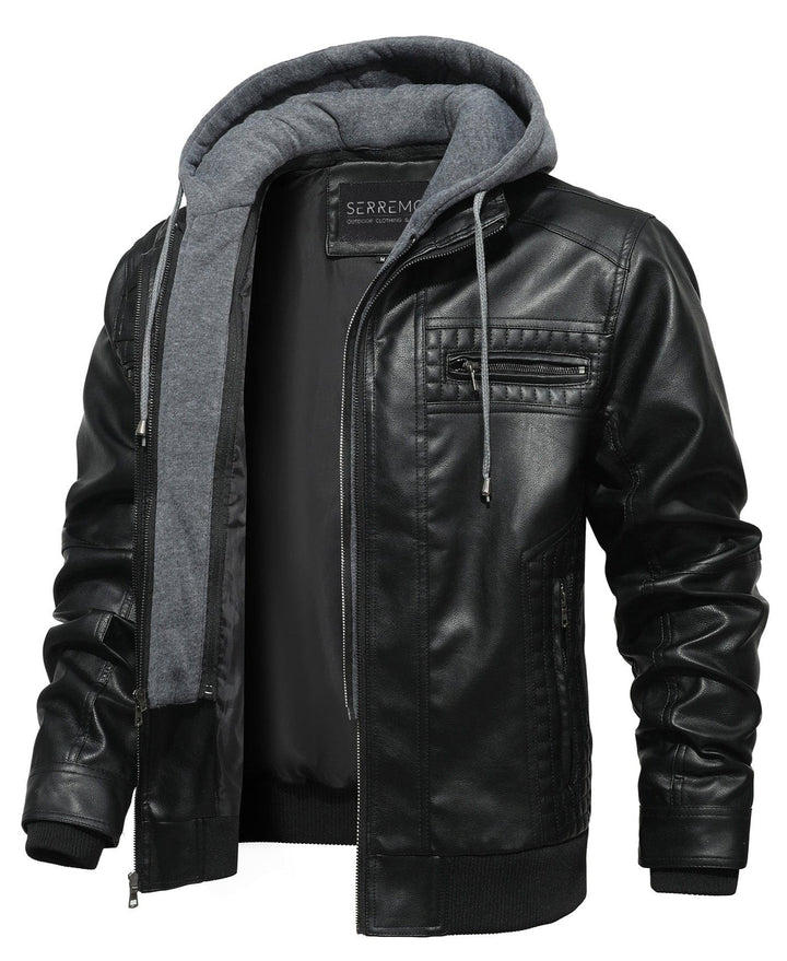 Men's black bomber jacket, PU leather, with detachable hood, front view, casual outerwear fashion.