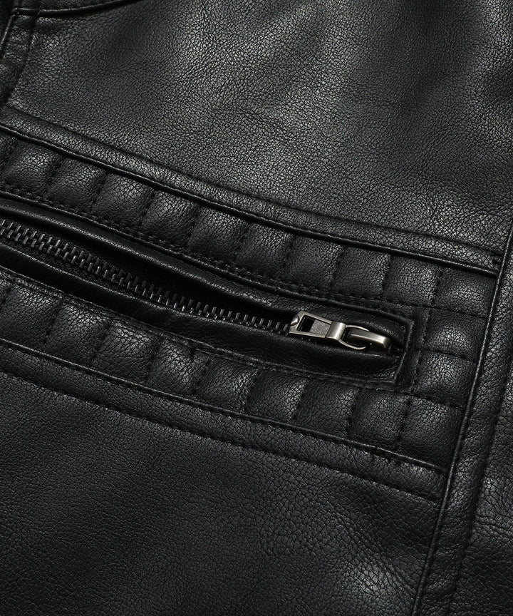 Casual men's bomber jacket, brown PU leather, open over a t-shirt, showing inner lining, detachable hood.