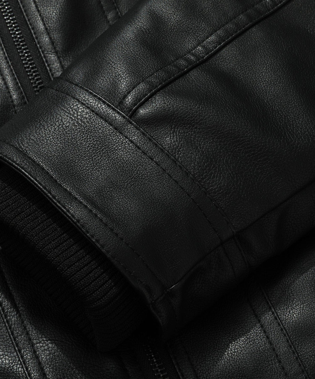 Close-up of collar on men's bomber jacket, black PU leather, with and without the detachable hood.
