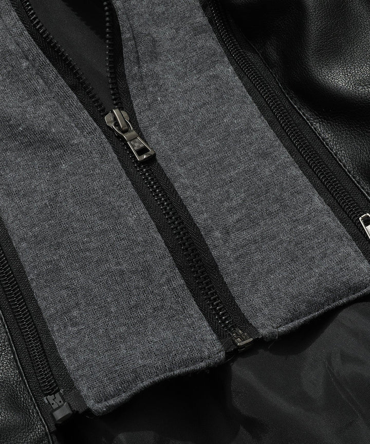 Men's bomber jacket, dark blue PU leather, with silver hardware, detachable hood, contemporary fashion.