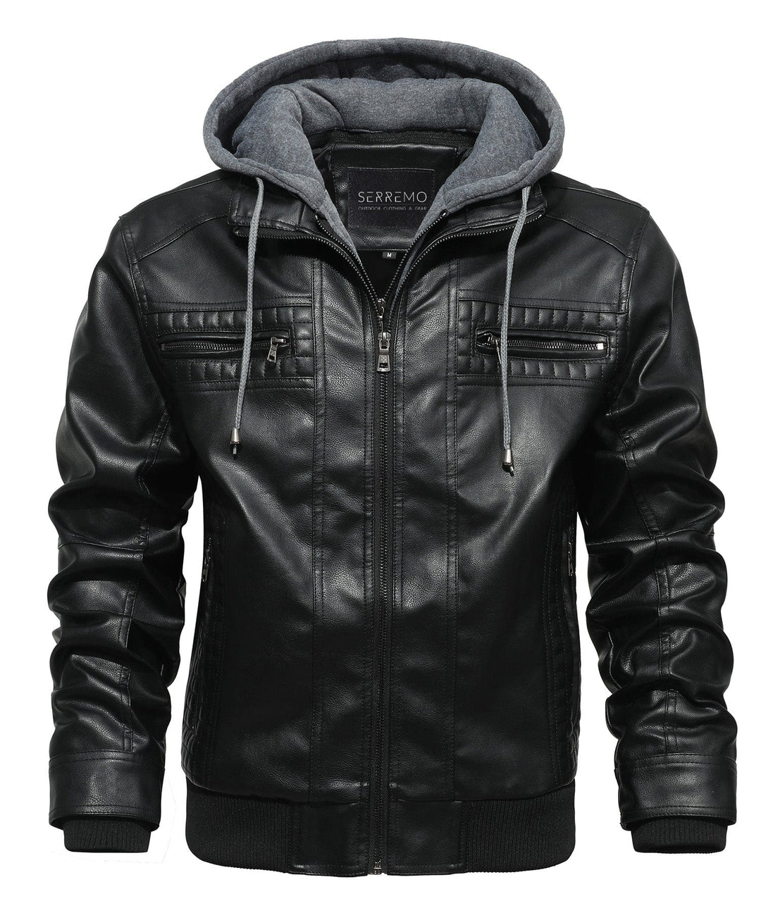 Stylish men's bomber jacket, dark brown PU leather, full zip, ribbed cuffs and hem, detachable hood.