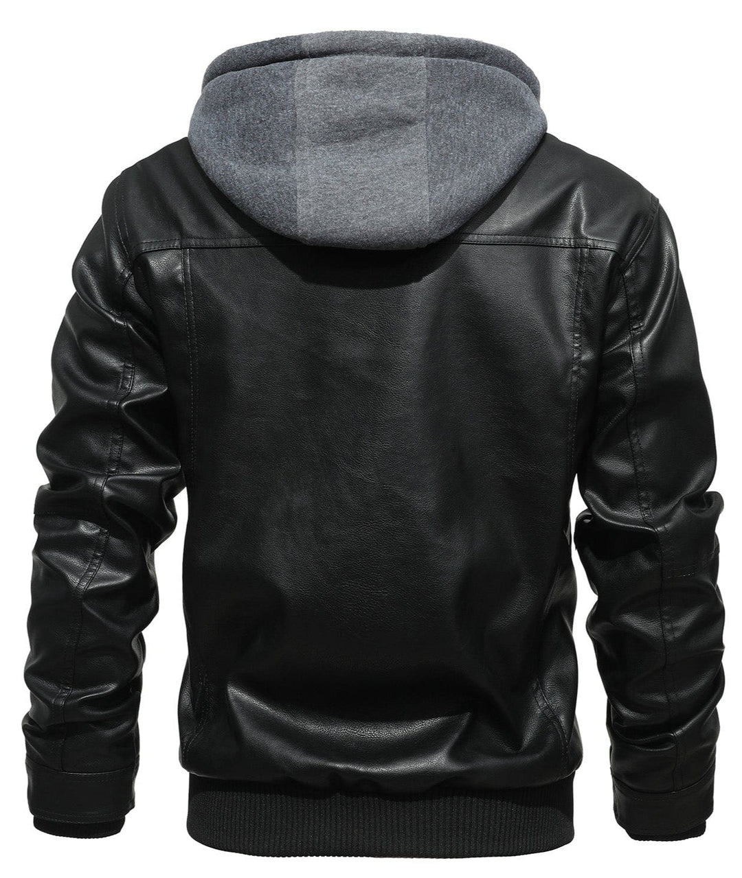 Close-up of men's bomber jacket in black, showing smooth PU leather texture and detachable hood zipper.