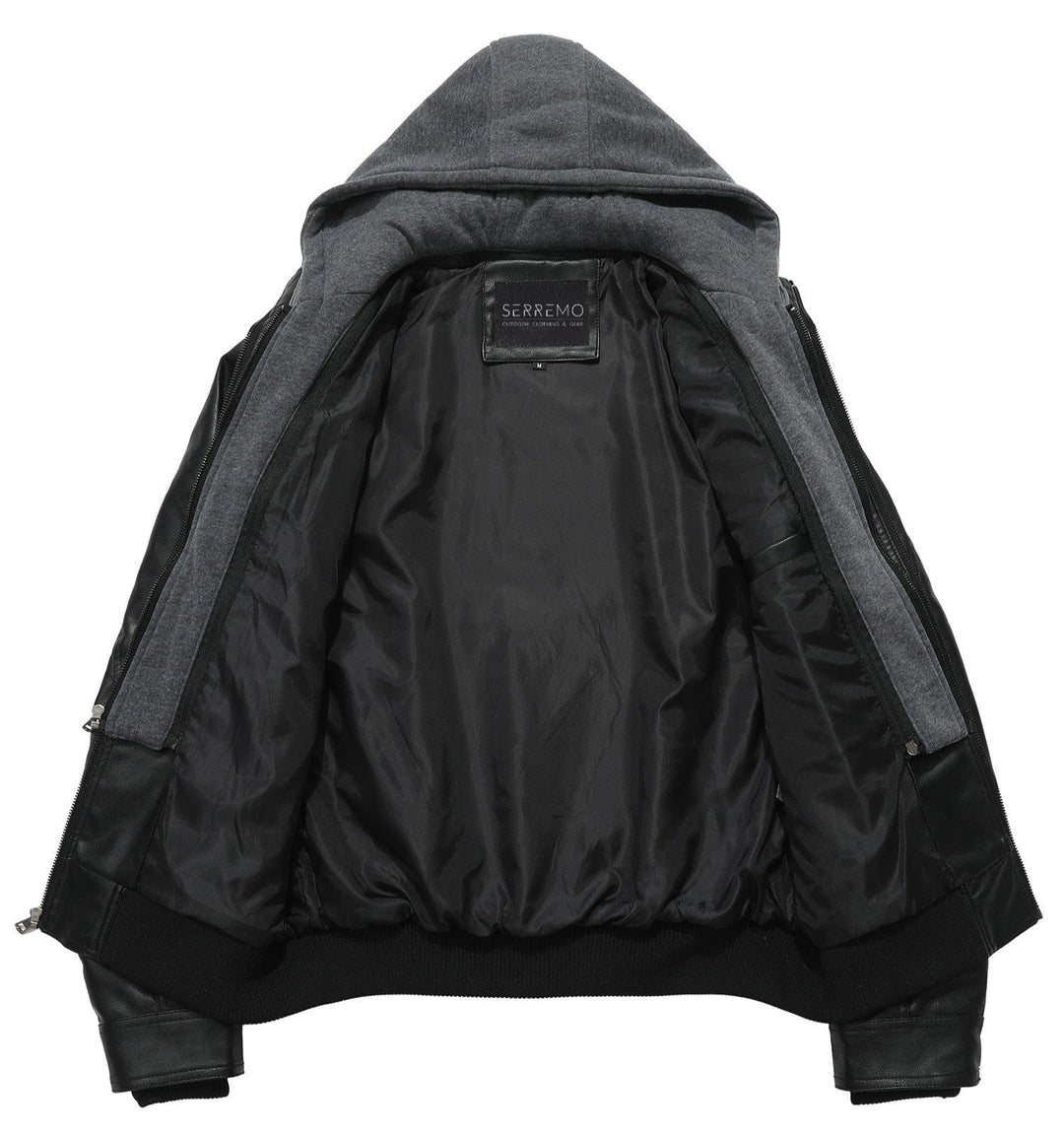 Man wearing a casual men's bomber jacket, grey PU leather, with hood removed, outdoor setting.