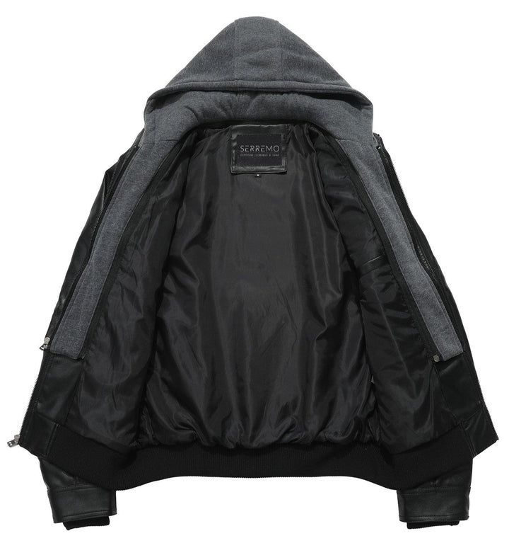 Man wearing a casual men's bomber jacket, grey PU leather, with hood removed, outdoor setting.