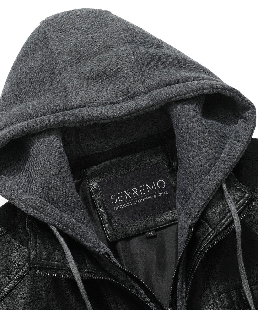 Back view of men's bomber jacket, navy blue PU leather, showcasing tailored fit and detachable hood.