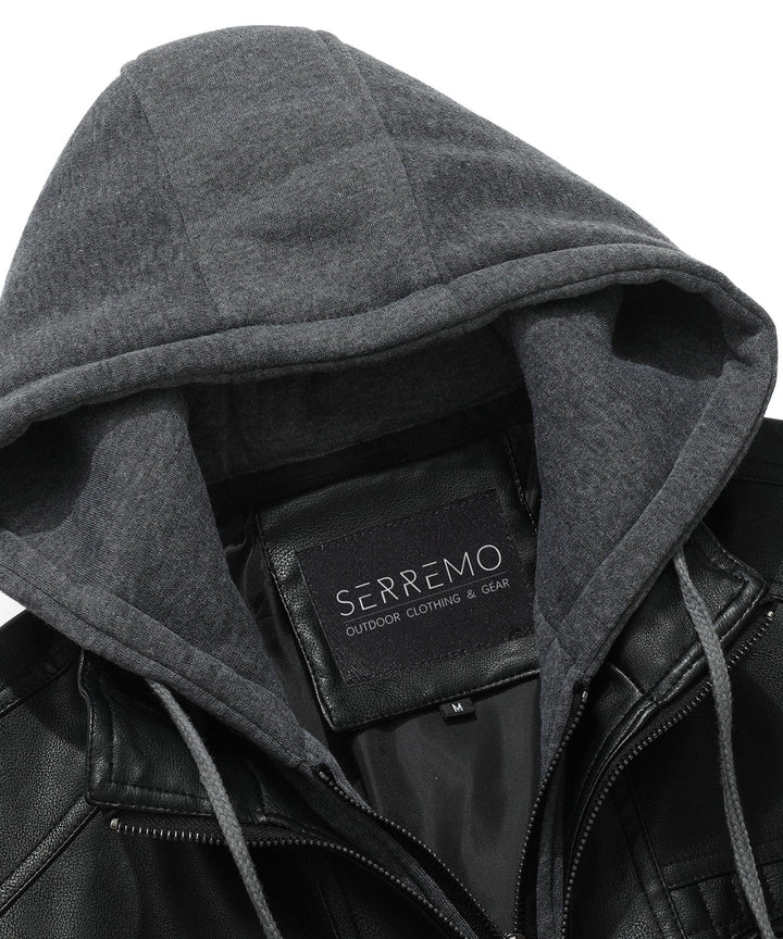 Back view of men's bomber jacket, navy blue PU leather, showcasing tailored fit and detachable hood.