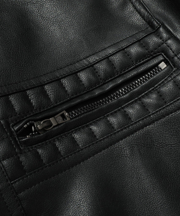 Side profile of men's bomber jacket, dark green PU leather, demonstrating fit and detachable hood.
