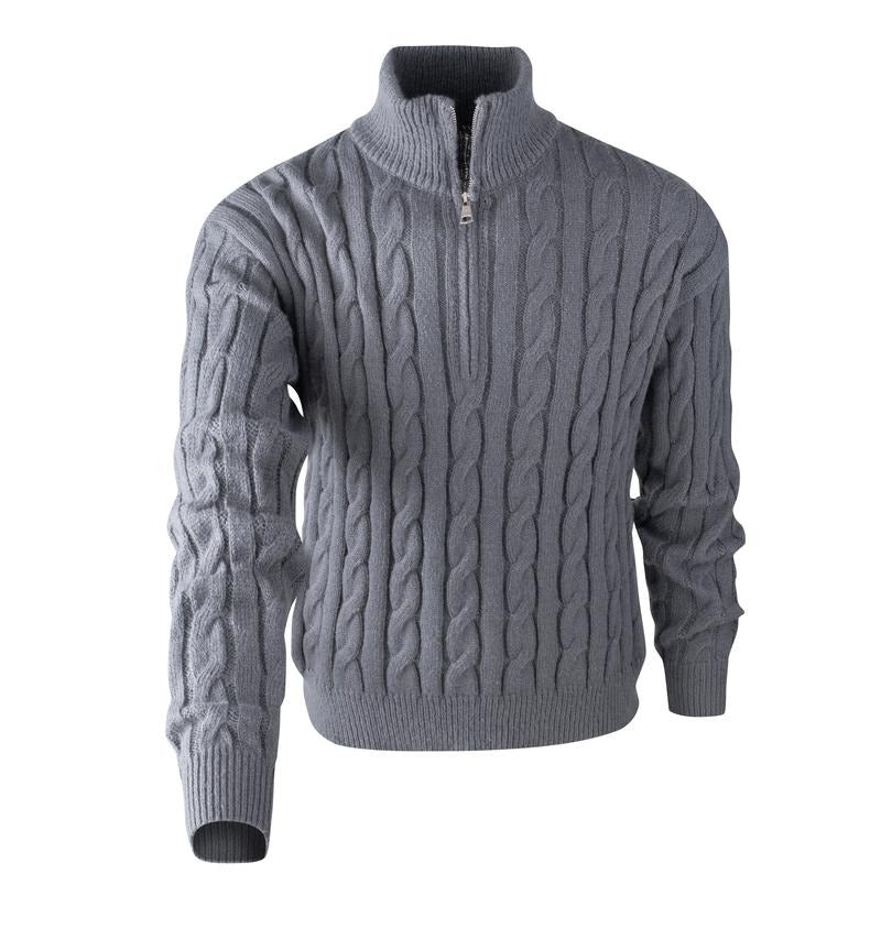 Stylish men wearing a navy blue cable knit quarter-zip sweater, a versatile fall pullover