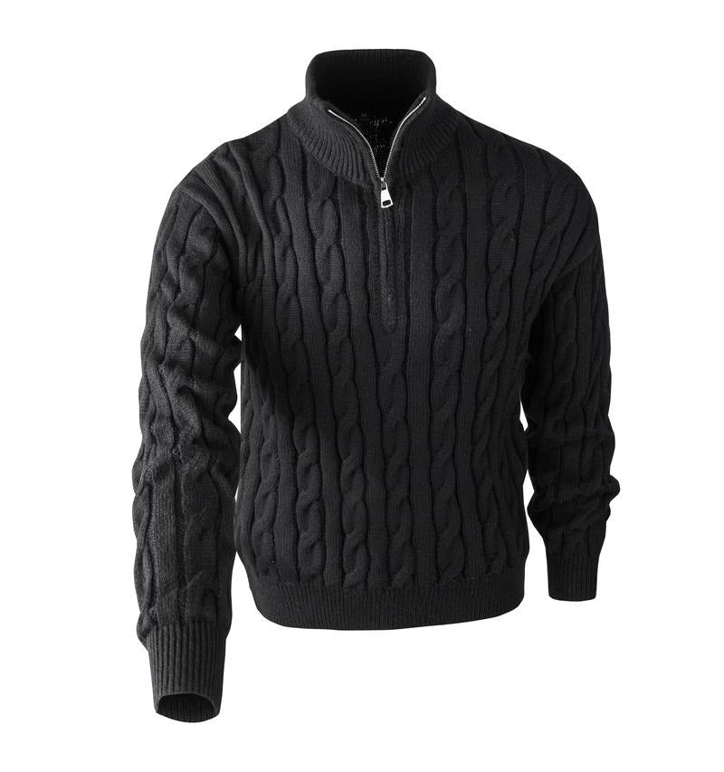 Casual men's long sleeve quarter-zip sweater in gray cable knit, perfect for winter layering