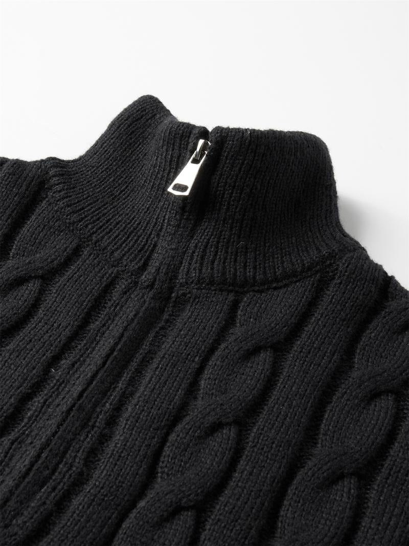 Front view of a classic men's cable knit quarter-zip sweater in an earthy tone, merino wool